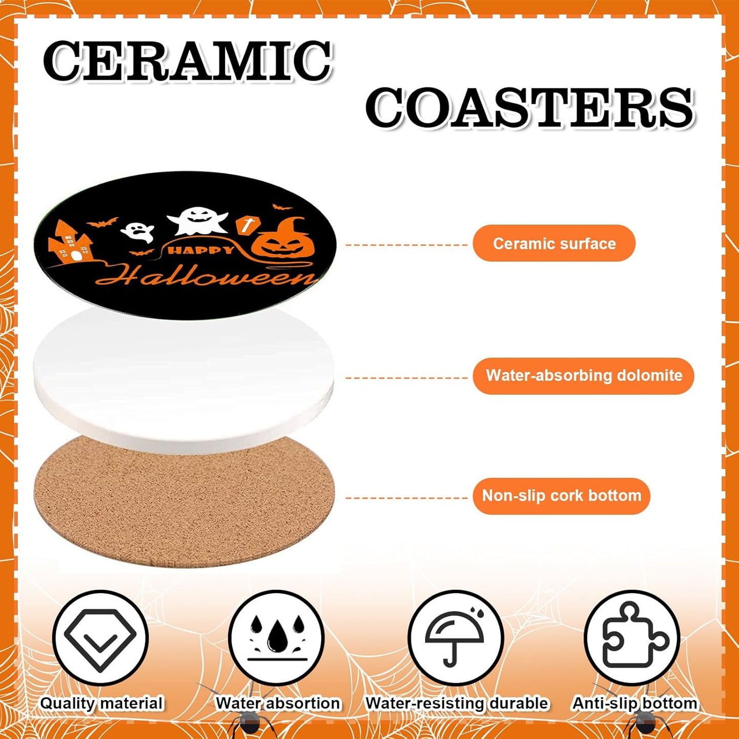 4Pcs Halloween Coasters Orange Black Round Ceramic Coaster Trick or Treat Heat-Resistant Cup Mats for Wooden Table Protection Home Party Supplies