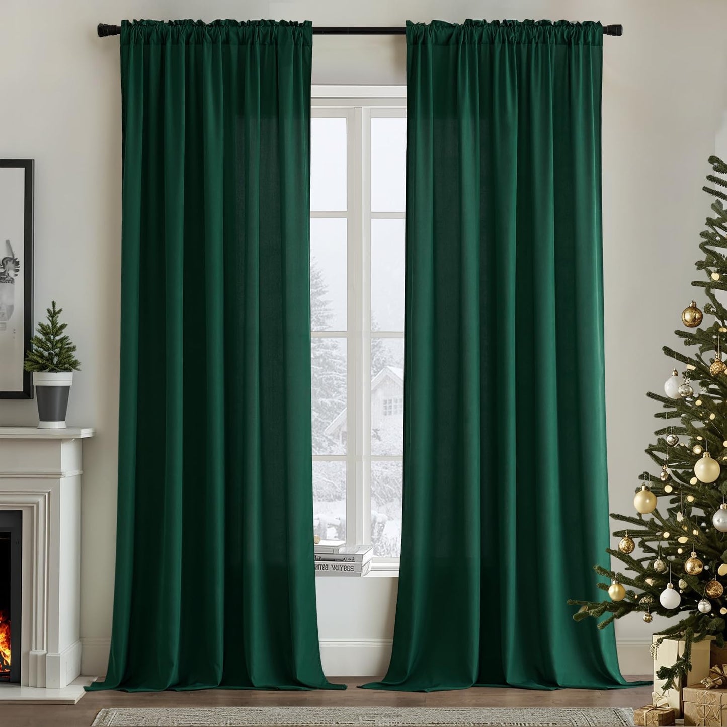 MIULEE Hunter Green Privacy Sheer Curtains That Let Light in 96 Inches Long Non-See-Through Semi Sheer Curtain Light Filtering Window Christmas Drapes for Living Room Bedroom 2 Panels Set 42 X 96