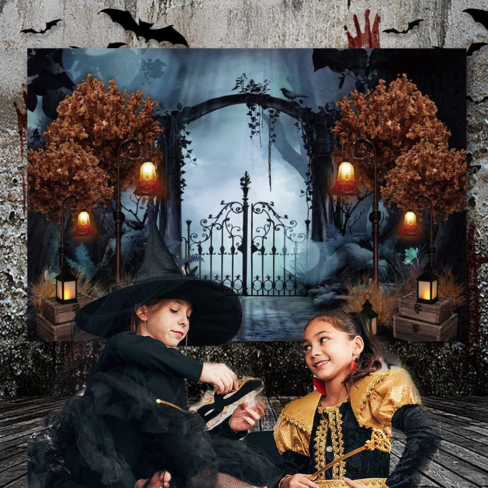 Durable Fabric Halloween Backdrop 7x5ft Horror Cemetery Iron Gate Scary Halloween Photo Background for Photography Halloween Party Decorations Banner Photo Studio Decoration Supplies