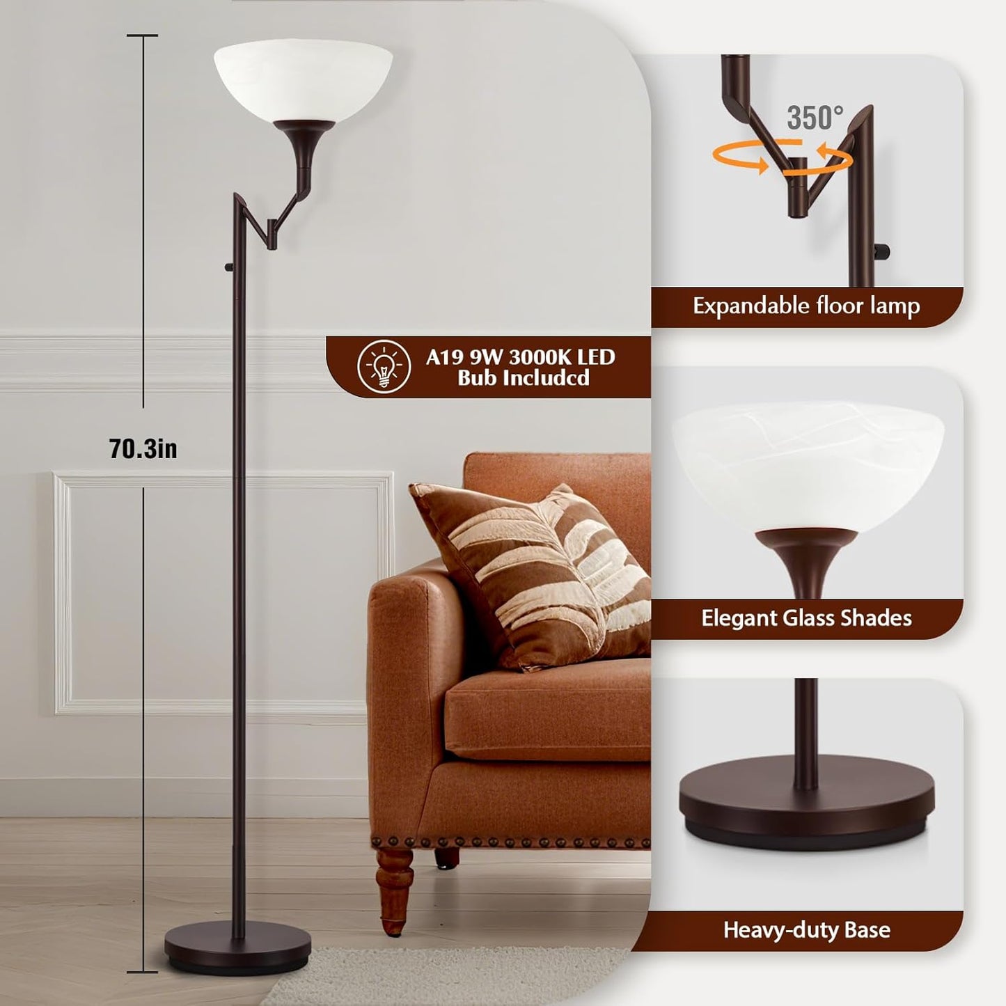 Floor Lamps for Living Room Bronze, 71" Tall Standing Lamp with Glass Shade, Vintage Floor Lamp with 350°Adjustable Swing Arm Lamp, Pole lamp for Bedroom, Living Room, Office, Bulbs Included