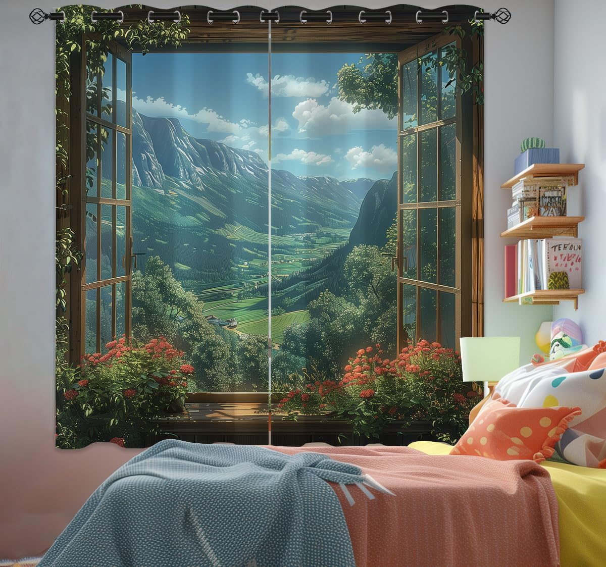 Mountain Blackout Curtains for Girls Boys Teens Home Decor, Spring Sky View Nature Forest Flower Grommet Thermal Insulated Drapes Darkening Window Curtain for Bedroom Living Room, 55 x 63 Inch