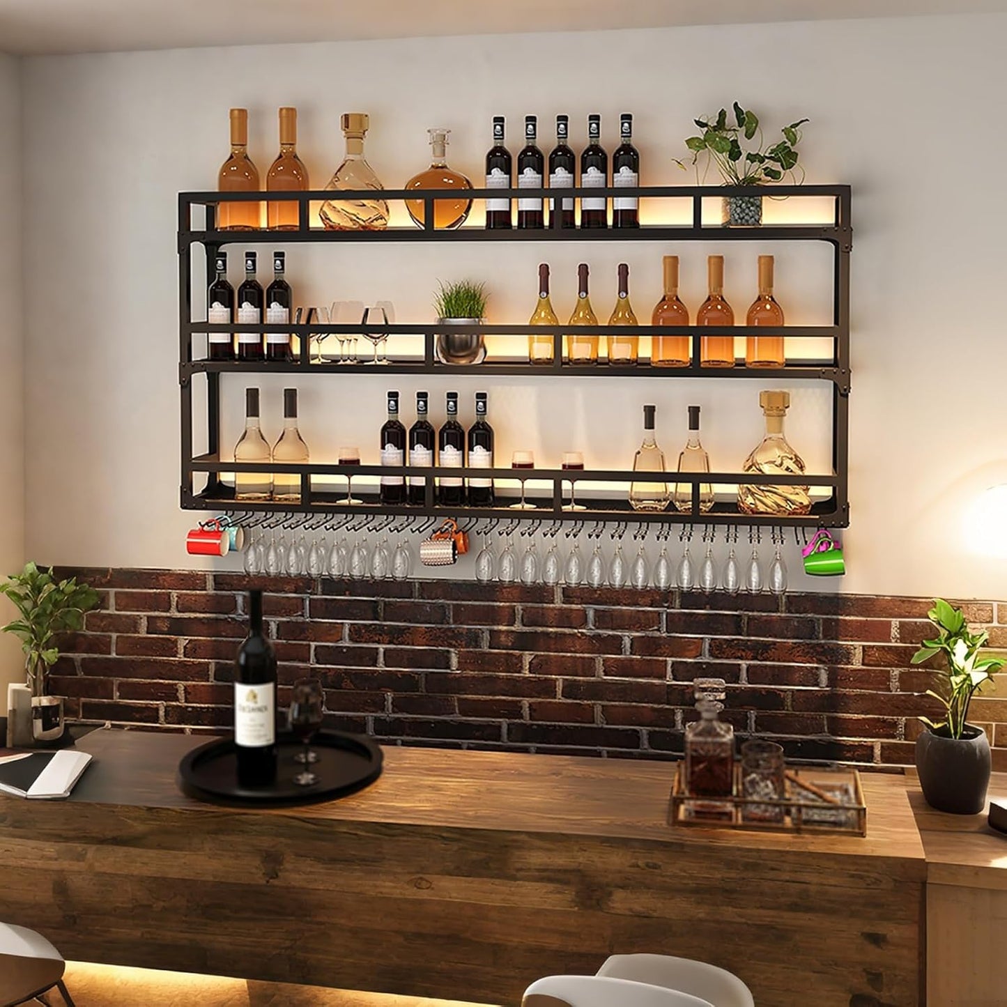 Modern Wine Rack Wall Mounted With Glass Holder,3-Tier Bar Liquor Shelf,Black,Metal Large Capacity Hanging Wine Storage Racks,Iron Floating Bar Shelves For Liquor Bottles,For Kitchen Dining Room