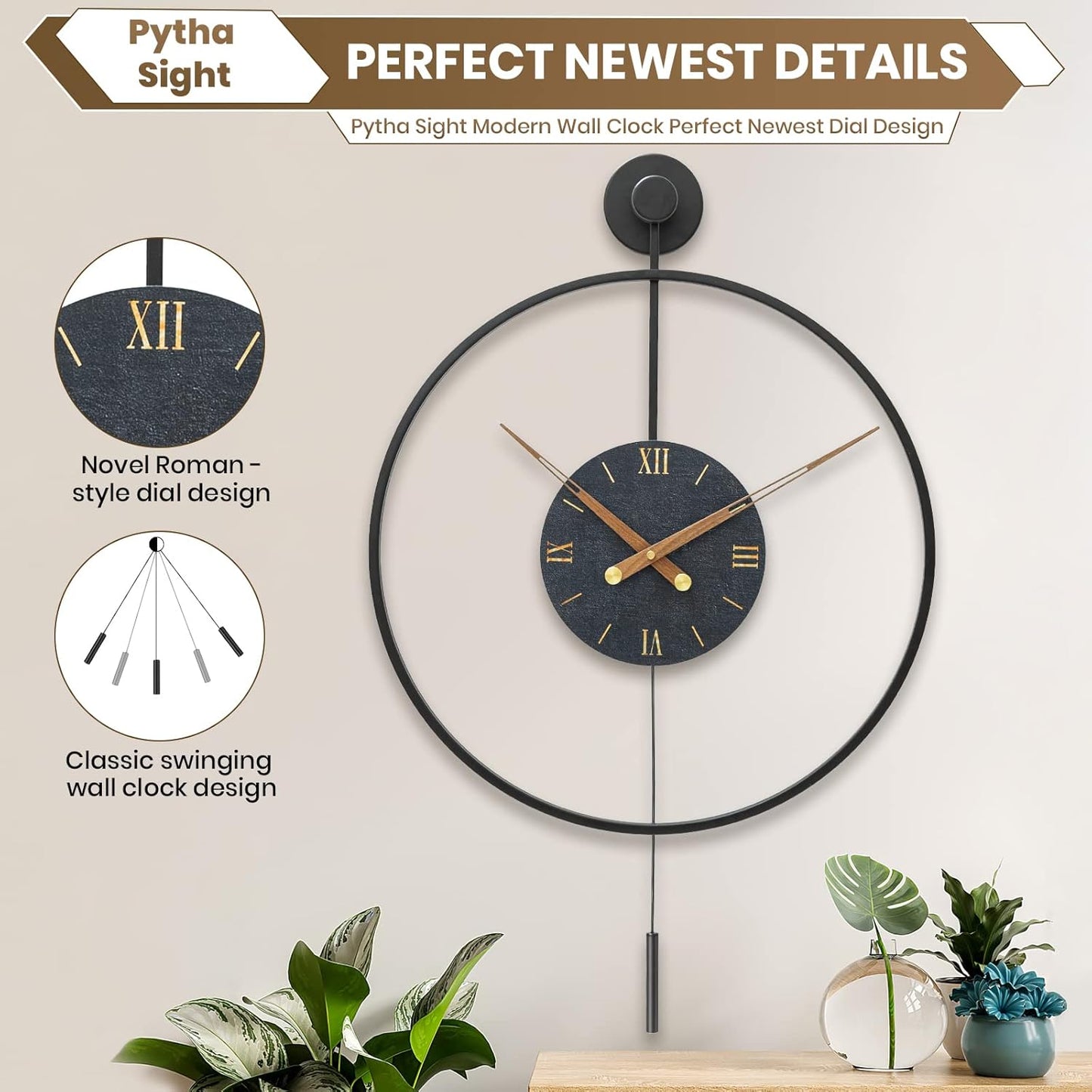 Large Modern Wall Clock,Wall Clocks for Living Room Decor,Classical Metal Minimalist Roman Numeral Dial,Big Decorative Farmhouse Pendulum Wall Clock With Walnut Pointers for Office,Dining Room
