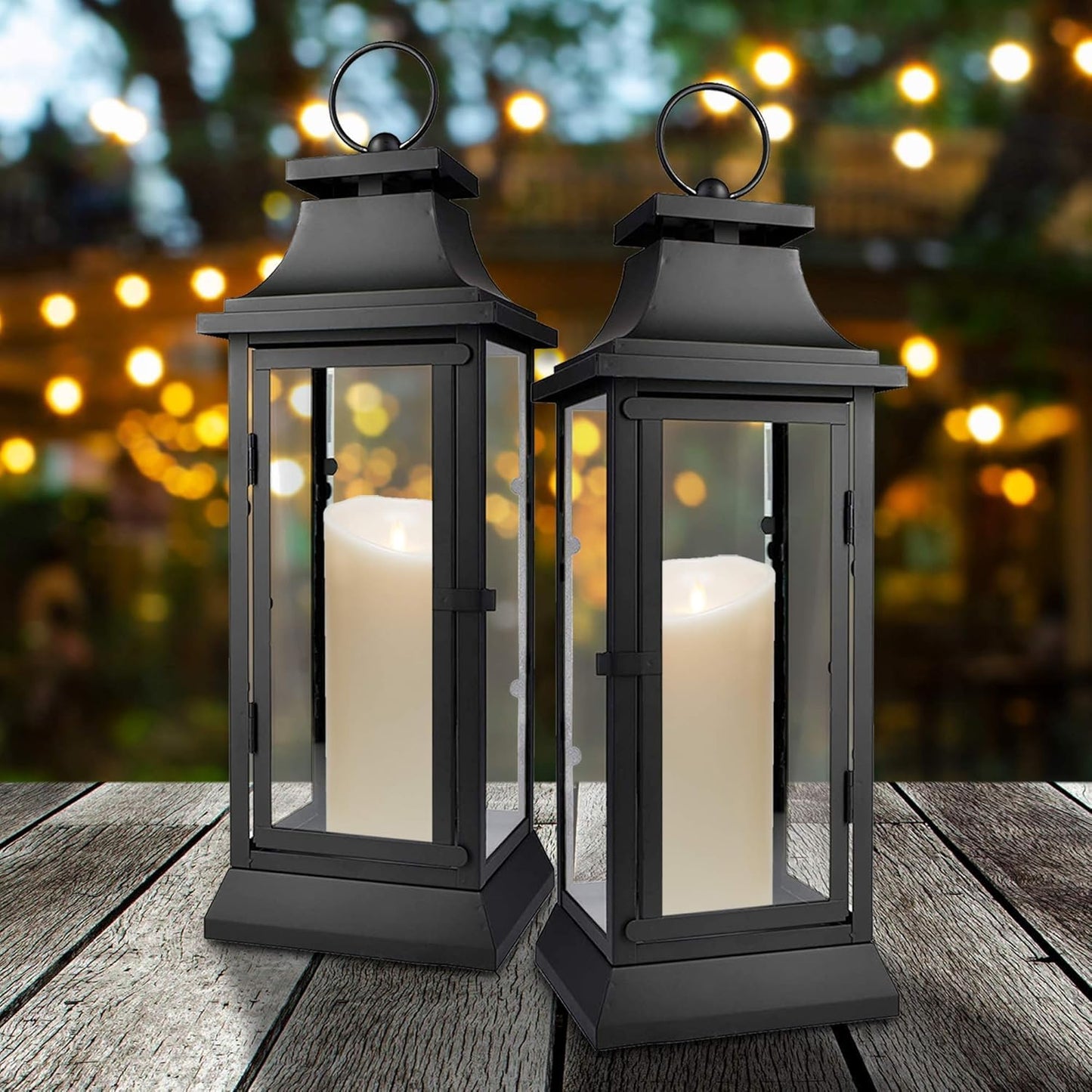 Serene Spaces Living Black Metal Hurricane Lantern with Clear Glass Panels – Hanging or Tabletop Decorative Lantern for Indoor & Outdoor – Weddings, Parties, Home Decor, 20" Tall & 7.75" Square