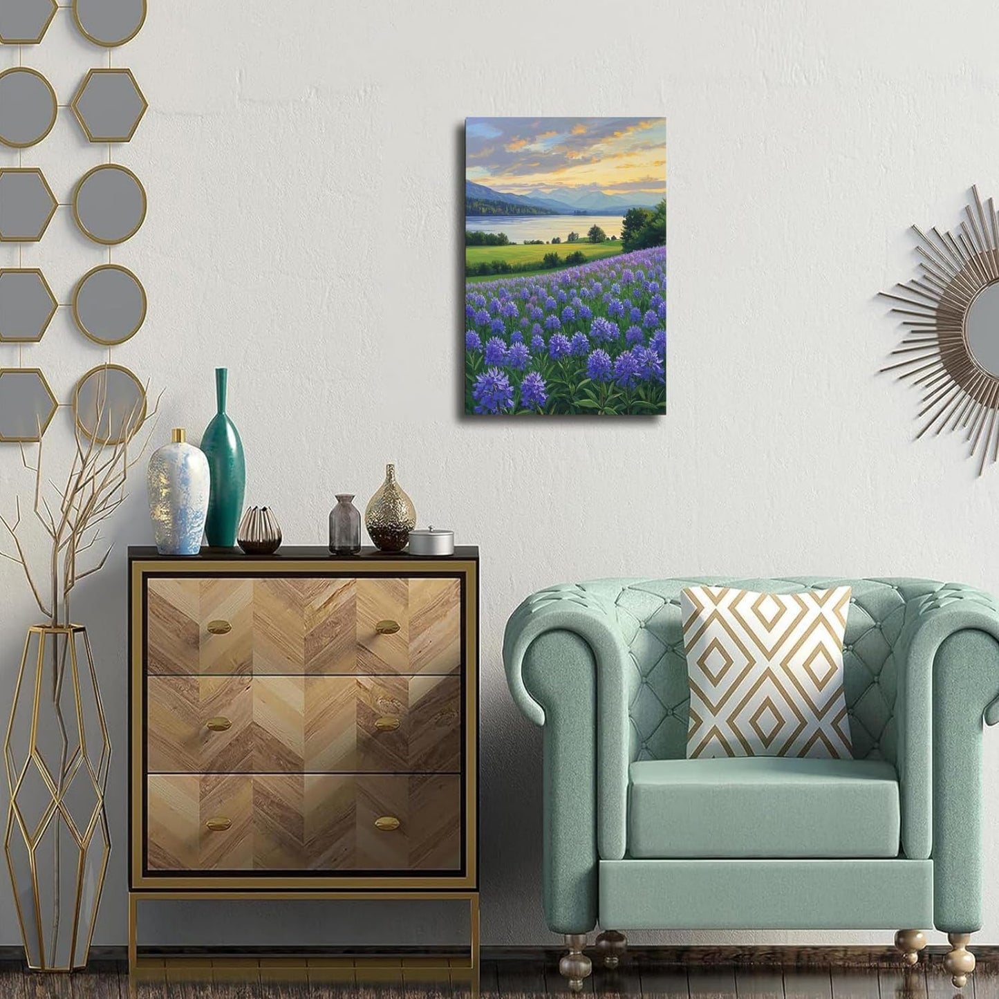 The lavender scenery all over the lake at sunset is suitable for posting in the living room bedroom office landscape poster wall painting