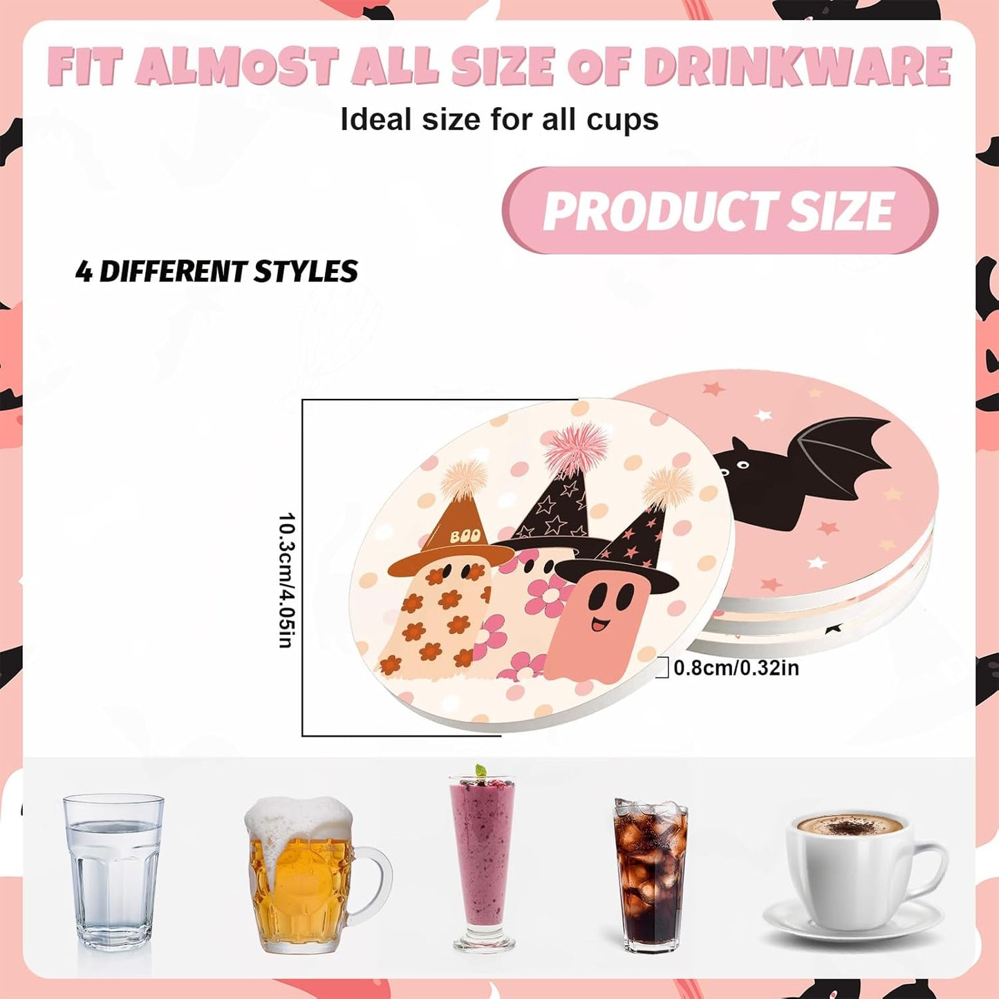 Whaline 4Pcs Halloween Coasters Pink Ghost Bat Pumpkin Ceramic Coasters Absorbent Cup Mat for Home Kitchen Office Party Table Decor