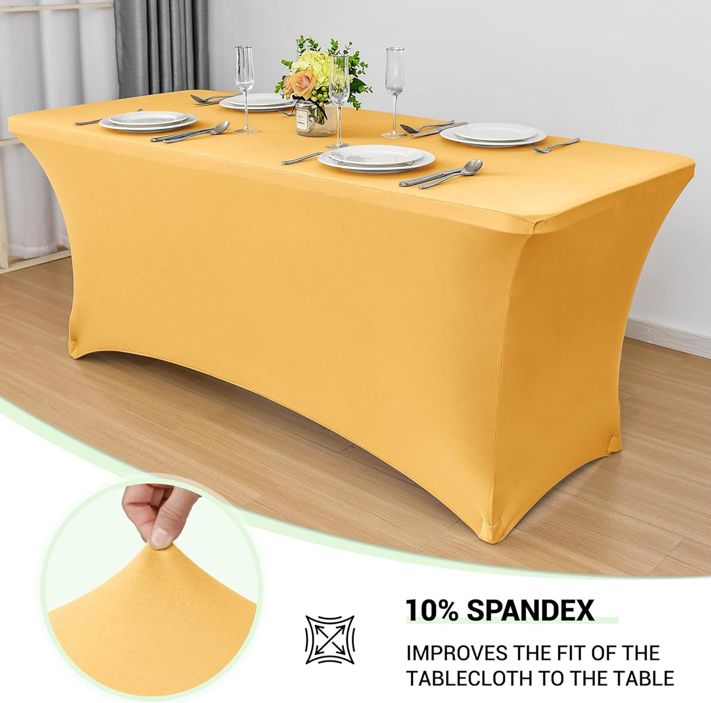 Obstal 6ft Stretch Spandex Table Cover for Standard Folding Tables - Universal Rectangular Fitted Tablecloth Protector for Wedding, Banquet and Party, 72L x 30W x 30H Inches, Gold, 2pc