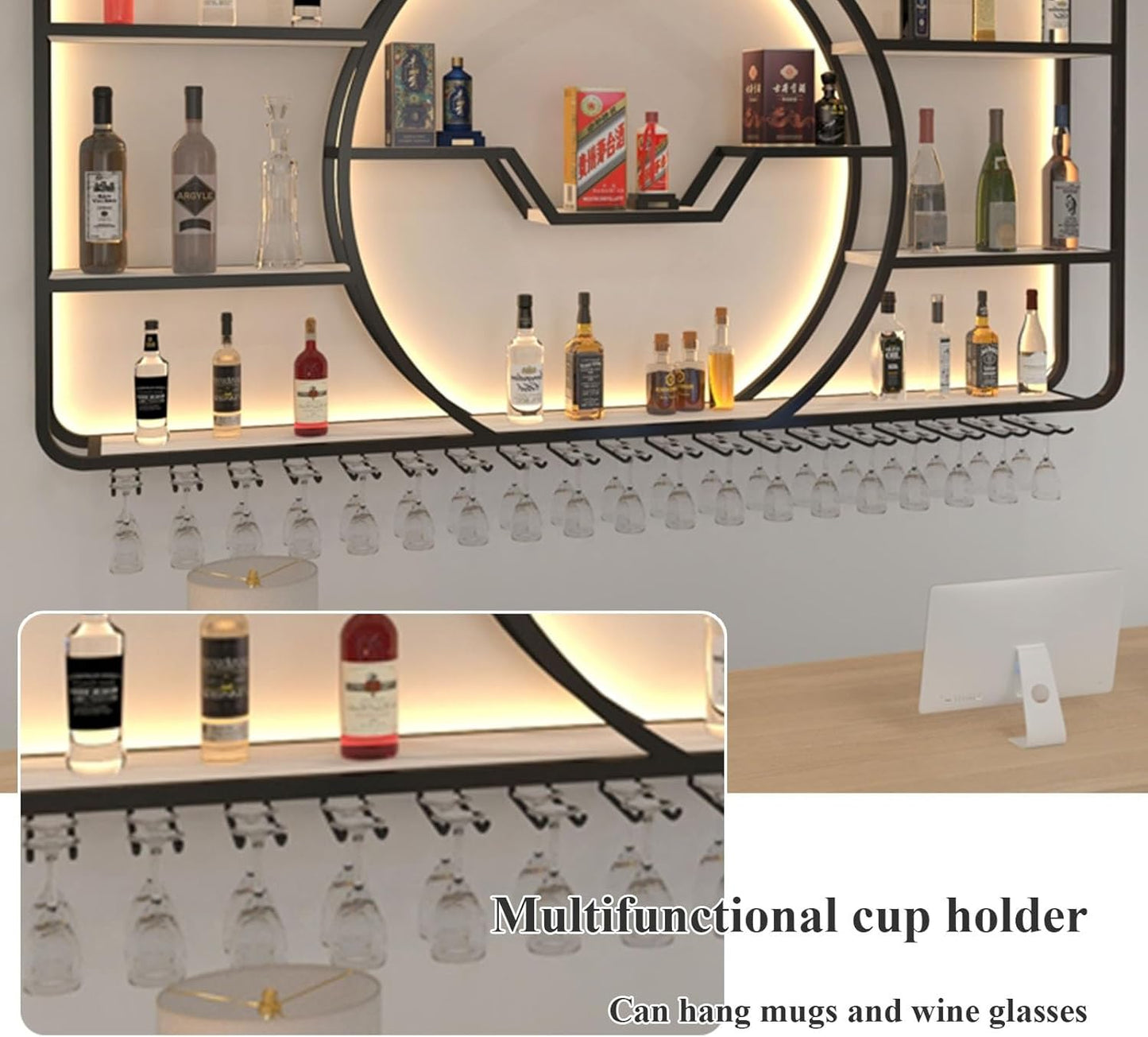 3-Tiers Metal Wine Rack Wall Mounted Modern With LED Light With Wine Glass Holder Large Liquor Bar Display Shelf,Bar Bottle Display Shelf Wine Cups Hanging Holder For Kitchen Living Room Home Decor(Go