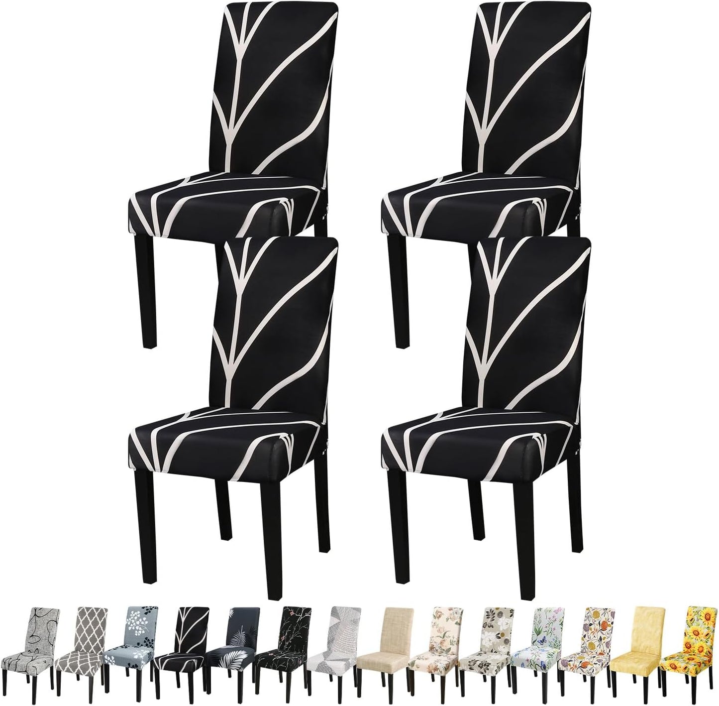 JQinHome Black Chair Covers for Dining Room Set of 4, High Stretch Removable Washable Parsons Chair Slipcover for Home Party Hotel Wedding Ceremony (4PCS, Geometric)