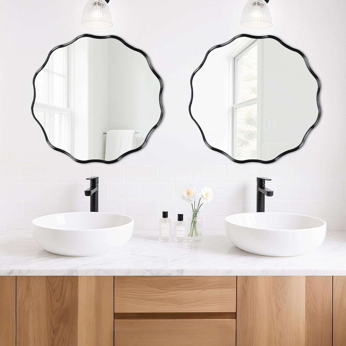 Fabuady Black Round Wavy Edge Mirror - 24'' Circle Wall Mirror with Metal Frame, Decorative Hanging/Leaning Mirror for Bathroom, Bedroom, Living Room, Hallway, Entryway, Office, Home Decor