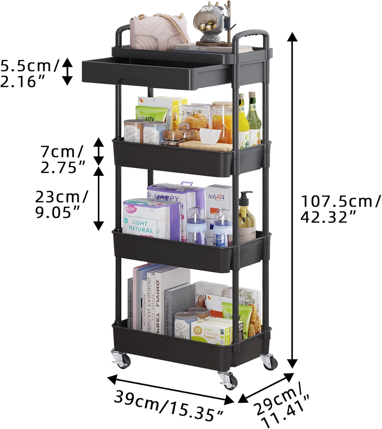 Calmootey 4-Tier Rolling Utility Cart with Drawer,Multifunctional Storage Organizer with Plastic Shelf & Metal Wheel,Storage Cart for Kitchen,Bathroom,Living Room,Office,Black