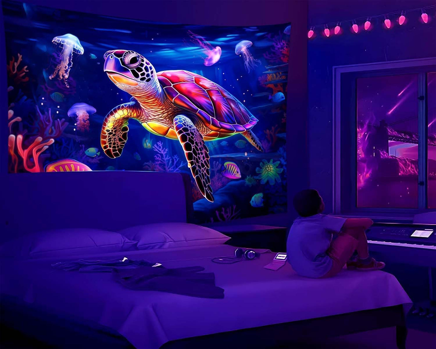 QGHOT Turtle Tapestry, Blacklight Ocean Wall Hanging Undersea Black Light Poster for Kids Glow in the Dark Kids Tapestry for Bedroom Children Toddler Room Decor 60x50in