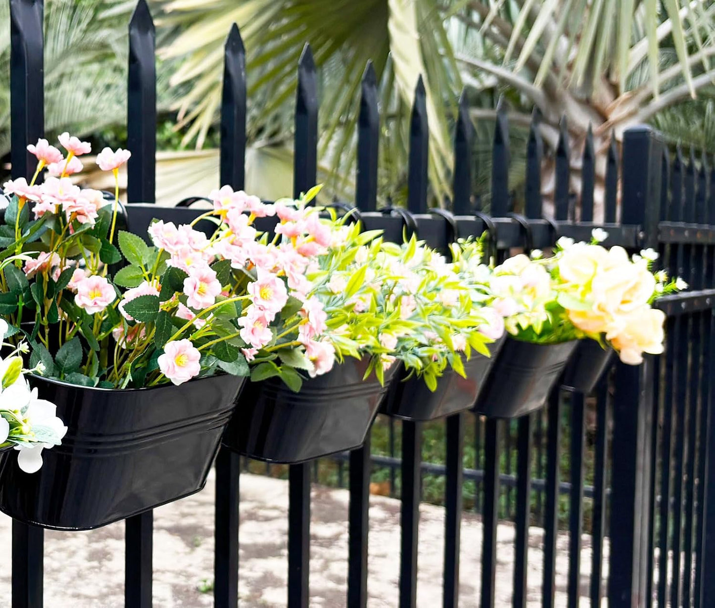 2 Pack Metal Hanging Planter for Outdoor Plants, 10 Inch Black Fence Planters Railing Pots for Garden Patio Balcony Decor, Flower Bucket with Detachable Hooks (Black, 2Pcs)