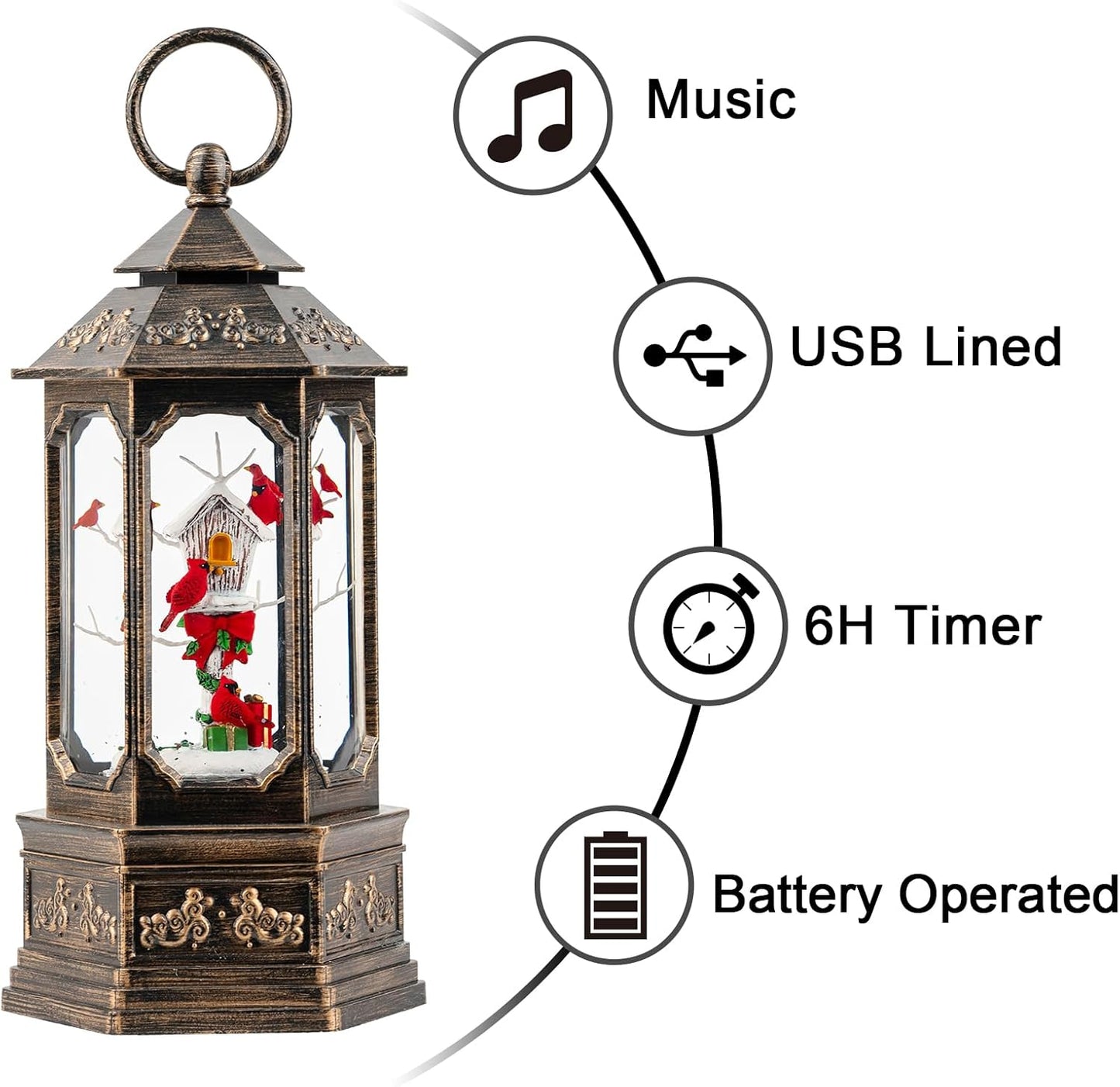 Christmas Snow Globe Lantern Water Glittering 11.6'' Cardinal & Birdhouse with Music & Timer, USB Lined/Battery Operated Lighted Lantern for Christmas Festival Decoration Gifts