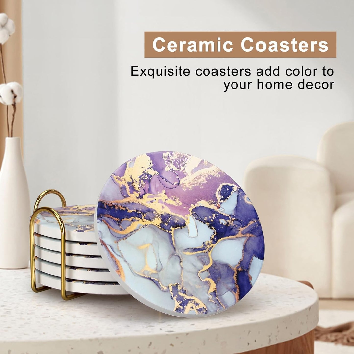 Purple Agate Coasters with Holder Drink Coaster Set of 6 Modern Marble Coasters Unique Coaster for Coffee Table Decor Gift Women Kitchen Accessories Bar Coster Cup Cool Cute Ceramic Coasters