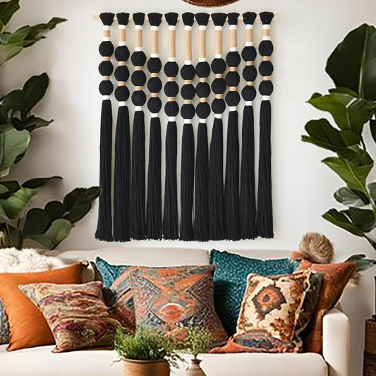 Macrame Wall Hanging Boho Wall Decor Black Fiber Yarn Wall Art Handmade Cotton Spherical Knot for Living Room Bedroom Nursery Office Home Decor27" W x 33" L