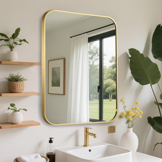FARMER 20x28 Inch Gold Bathroom Mirror, Rectangle Vanity Mirror, Brushed Mirrors for Wall, Metal Frame Hanging Mirror with Round Corner for Bedrooms, Entryways, Living Rooms, Horizontal/Vertical