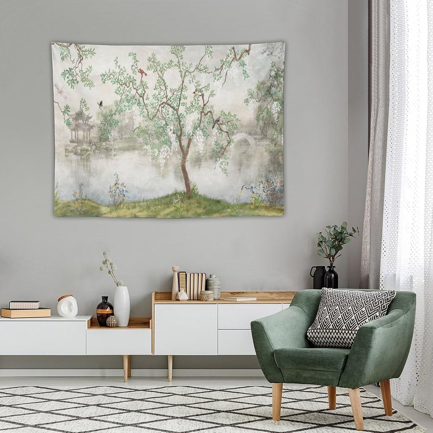 HZOHNAGO Japanese Tapestry Tree Misty Garden Lake Printed Wall Tapestry Ink Painting Wall Hanging for Bedroom Living Room Dorm 40" W x 30" H