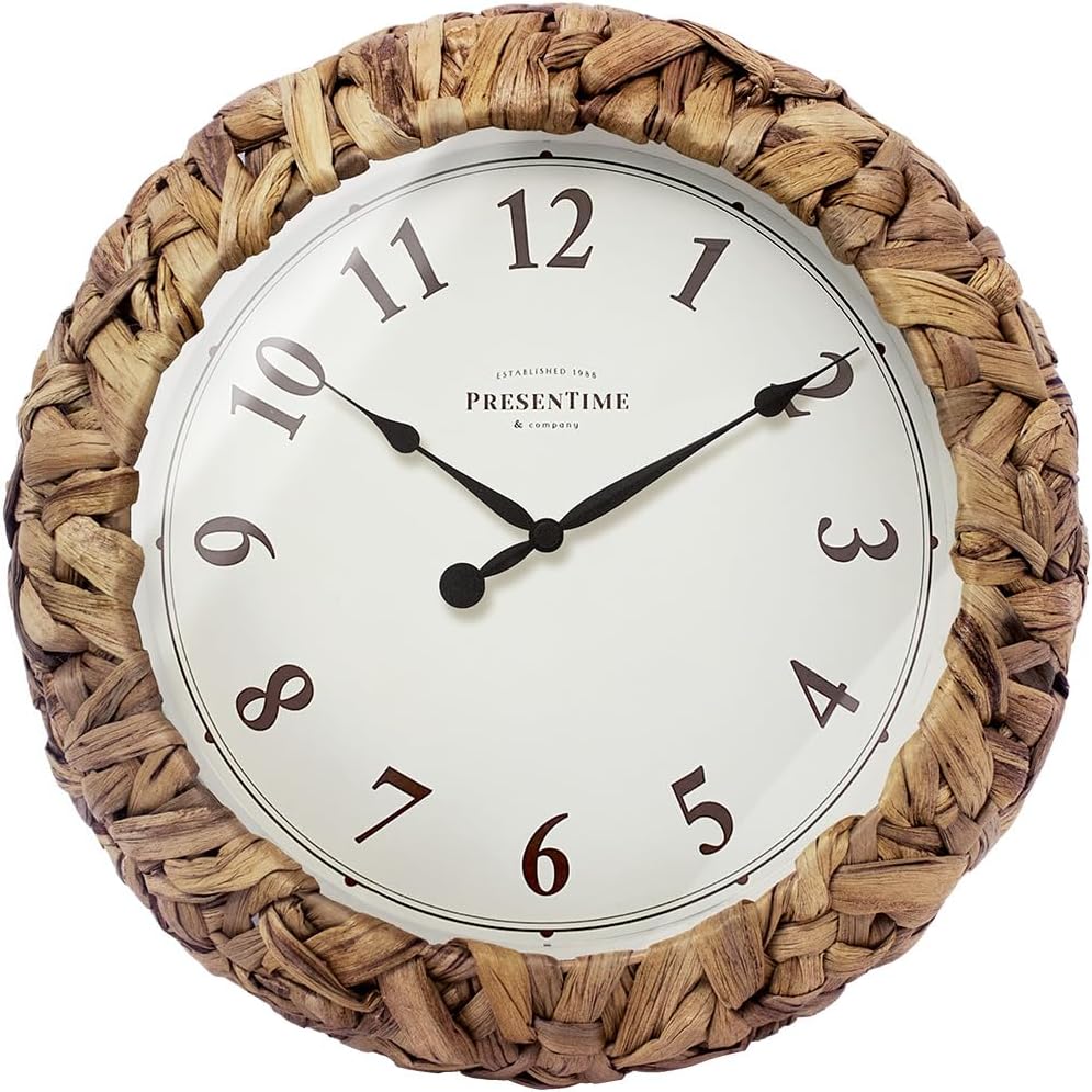 Presentime & Co. Farmhouse Series, Rustic Woven Clock, 12.6 inch, Natural Woven Water Hyacinth/Sea Grass. Wall Sculpture, Wall Art and Timepiece for Home Decoration/Decoration/Farmhouse Décor
