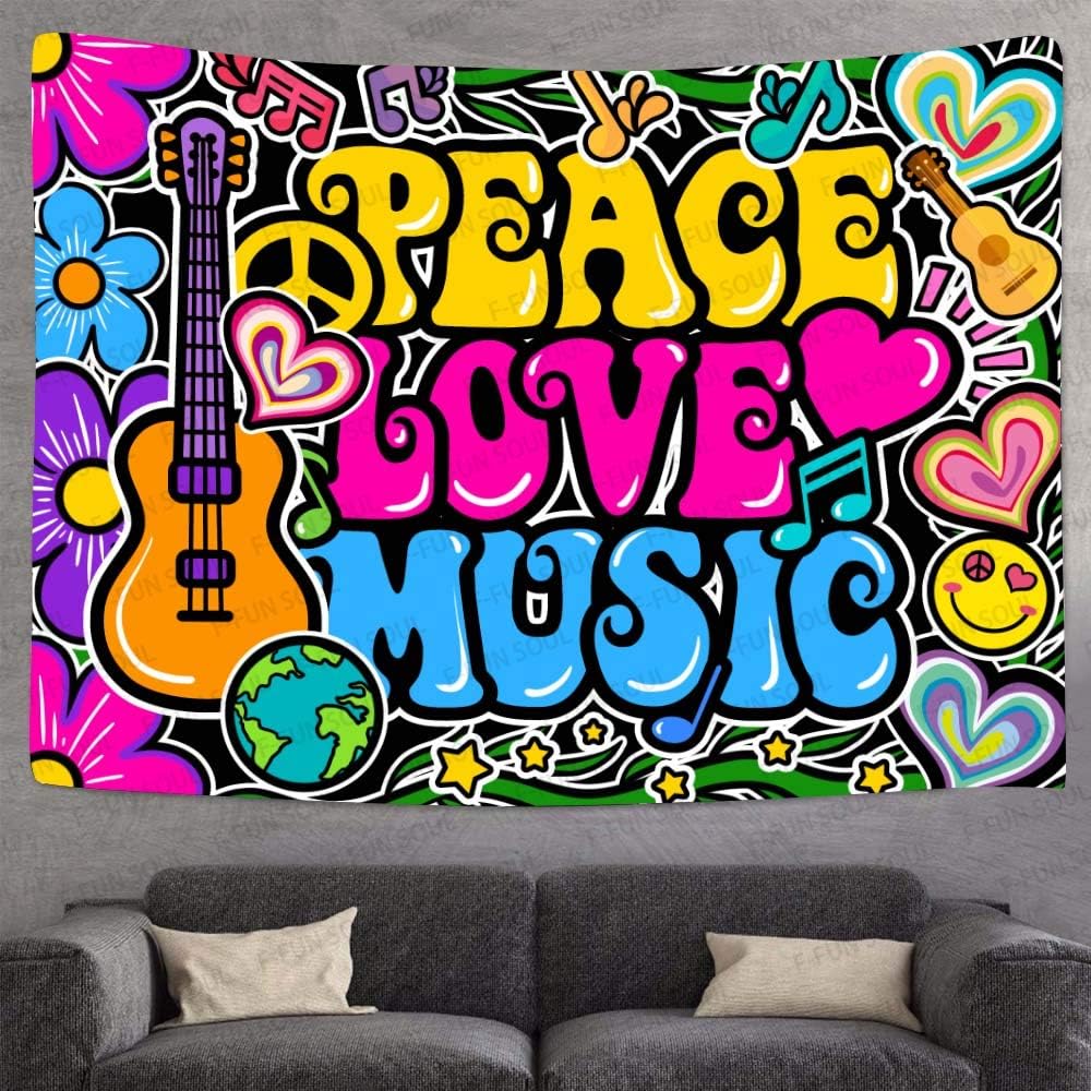 F-FUN SOUL Peace Love and Music Tapestry, 80x60inches Soft Flannel, Guitar Symbol Dove Flowers Psychedelic Art Tapestries Wall Hanging for Bedroom Living Room Decor Banner