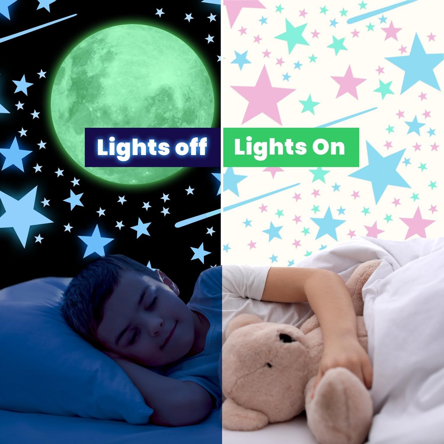 liderstar Glow in The Dark Stars and Moon for Ceiling, Luminous Stars and Moon Wall Decal, Wall Decor,Sticky Fluorescence Stars,Gift for boy and Girl Perfect for Kids Nursery Living Room(Colorful)