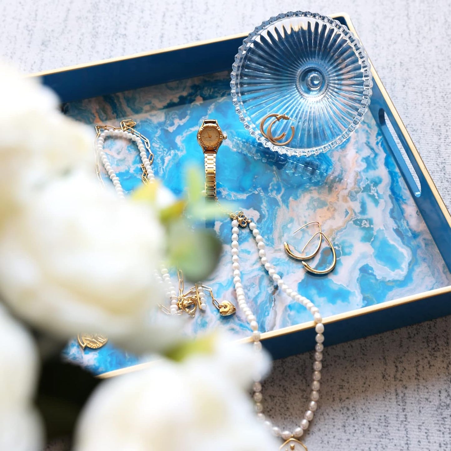 Spsyrine Serving Tray, Plastic Rectangular Coffee Table Tray with Handles, Marble Decorative Tray for Living Room, Ottoman, Bathroom Decor. 15.6” X 10.2" HSRE