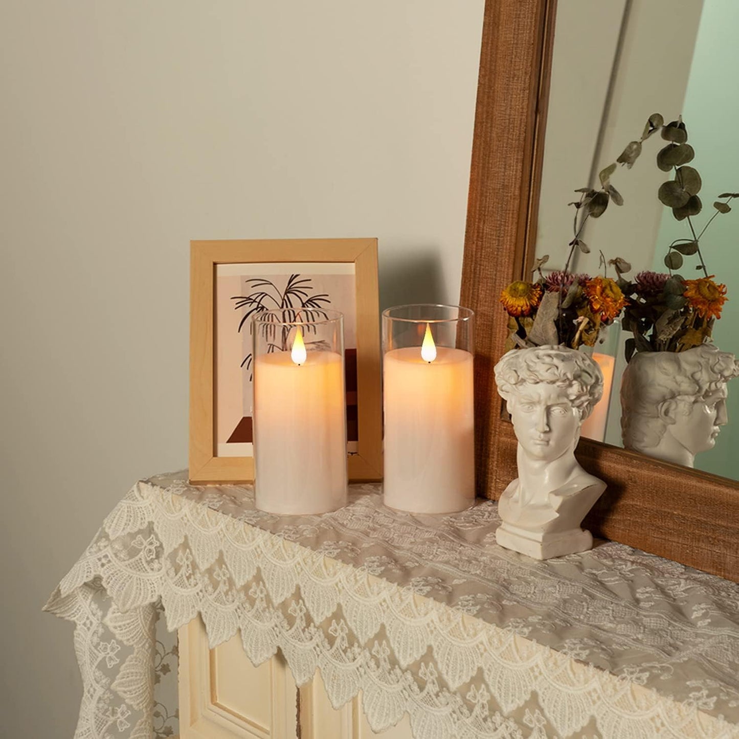 5plots 3" x 6" Pure White Flickering Flameless Candles with Clear Shell, Unbreakable Glass Battery Operated Plexiglass LED Pillar Radiance Candles with Remote Control and Timer