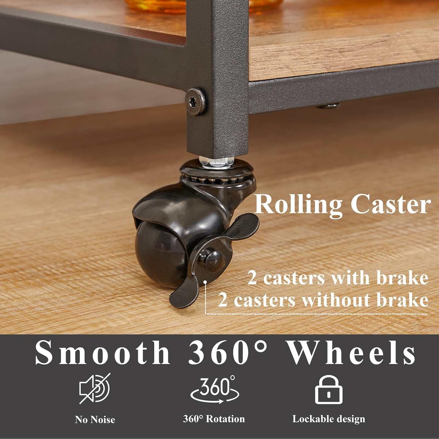 FATORRI Bar Cart for The Home, Rolling Wine Carts on Wheels with 3 Tier Wood Shelves, Liquor Beverage Cart with Wine Rack and Glass Holder (Rustic Oak)