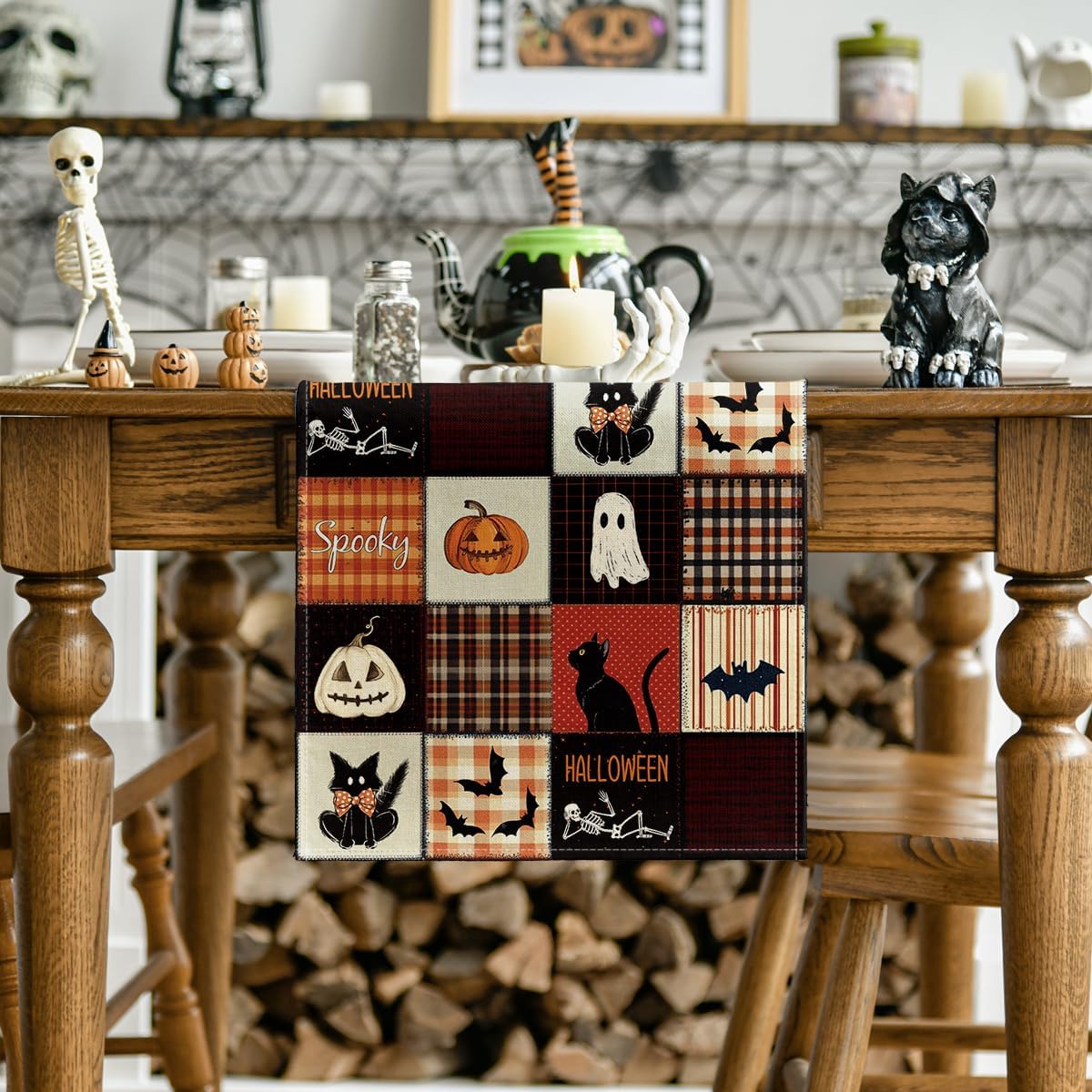 Artoid Mode Black Cat Bat Pumpkin Spooky 210 GSM Halloween Table Runner, Ghost Kitchen Dining Table Decoration for Home Party Decor 13x60 Inch