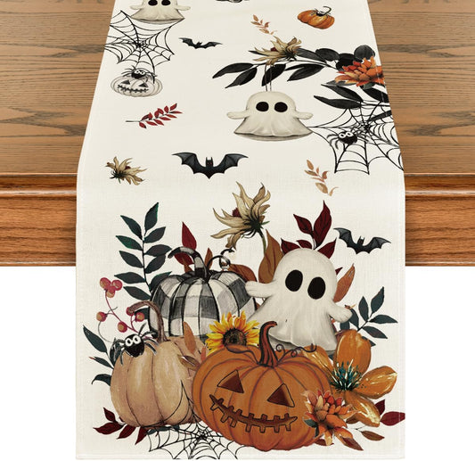 Artoid Mode Pumpkin Ghost Leaves Spider Web 210 GSM Halloween Table Runner, Spooky Kitchen Dining Table Decoration for Home Party Decor 13x48 Inch