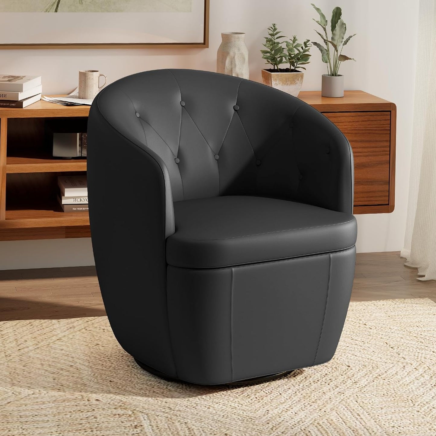 360° Swivel Leather Accent Chair, Modern Barrel Club Chair with Leather Upholstery and Sturdy Base, Comfortable Armchair for Living Room, Bedroom, Reading Nook, Brown