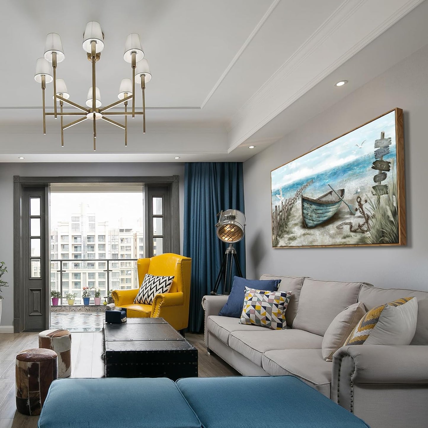 Extra Large Framed Wall Art for Living Room Coastal Décor Rustic Rowboat Canvas Print Big Beach Themed Painting Seagull Vintage Boat Sea Bird Artwork Oversized Blue Teal Seaside Ocean Picture for