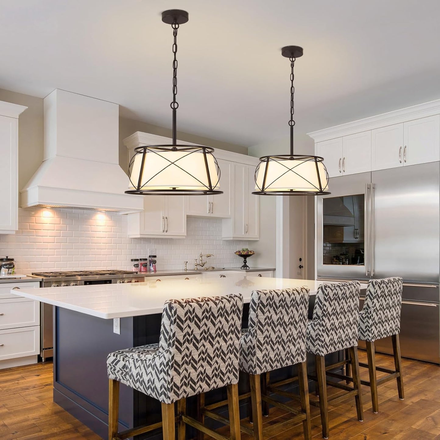 15.7" Black Drum Chandelier,3-Light Modern Farmhouse Chandelier,White Fabric Drum Shade Pendant Light Fixture for Dining Room Kitchen Island Bedroom Entryway