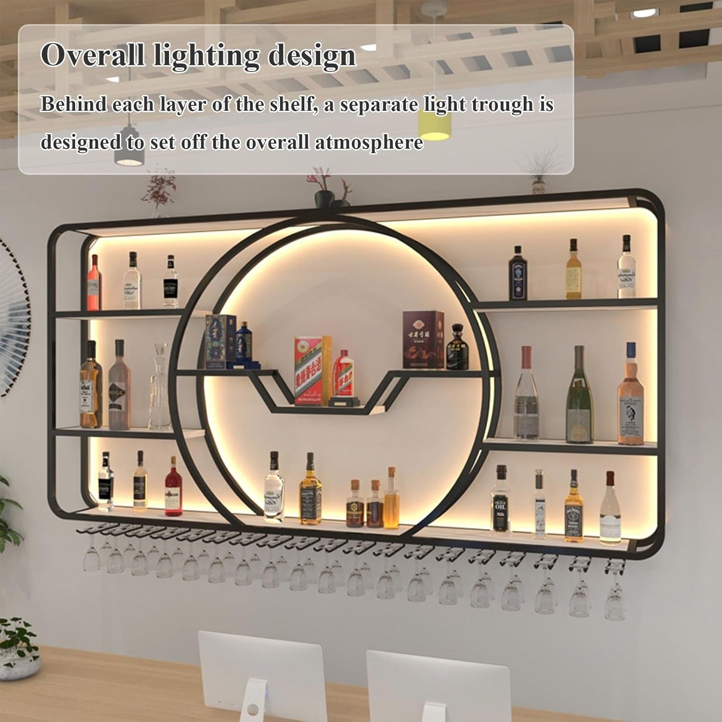 3-Tiers Metal Wine Rack Wall Mounted Modern With LED Light With Wine Glass Holder Large Liquor Bar Display Shelf,Bar Bottle Display Shelf Wine Cups Hanging Holder For Kitchen Living Room Home Decor(Go