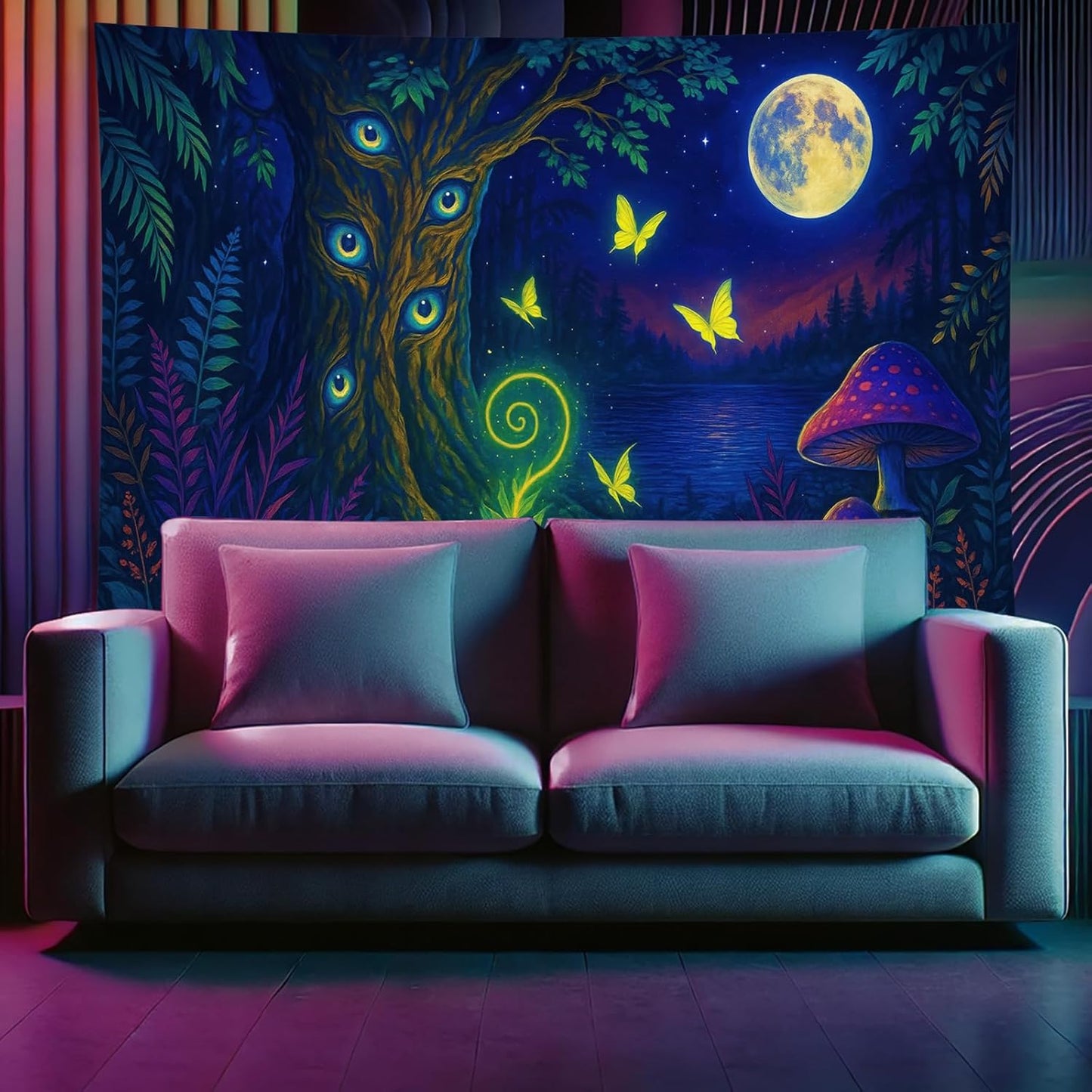 Starlit Patio Fantasy Forest Blacklight Tapestry UV Reactive Wall Hanging Glowing Tree Eyes Butterflies Mushrooms Moon for Bedroom Dorm Living Room Psychedelic Nature Decor Fluorescent Poster 78 x 59 Inch
