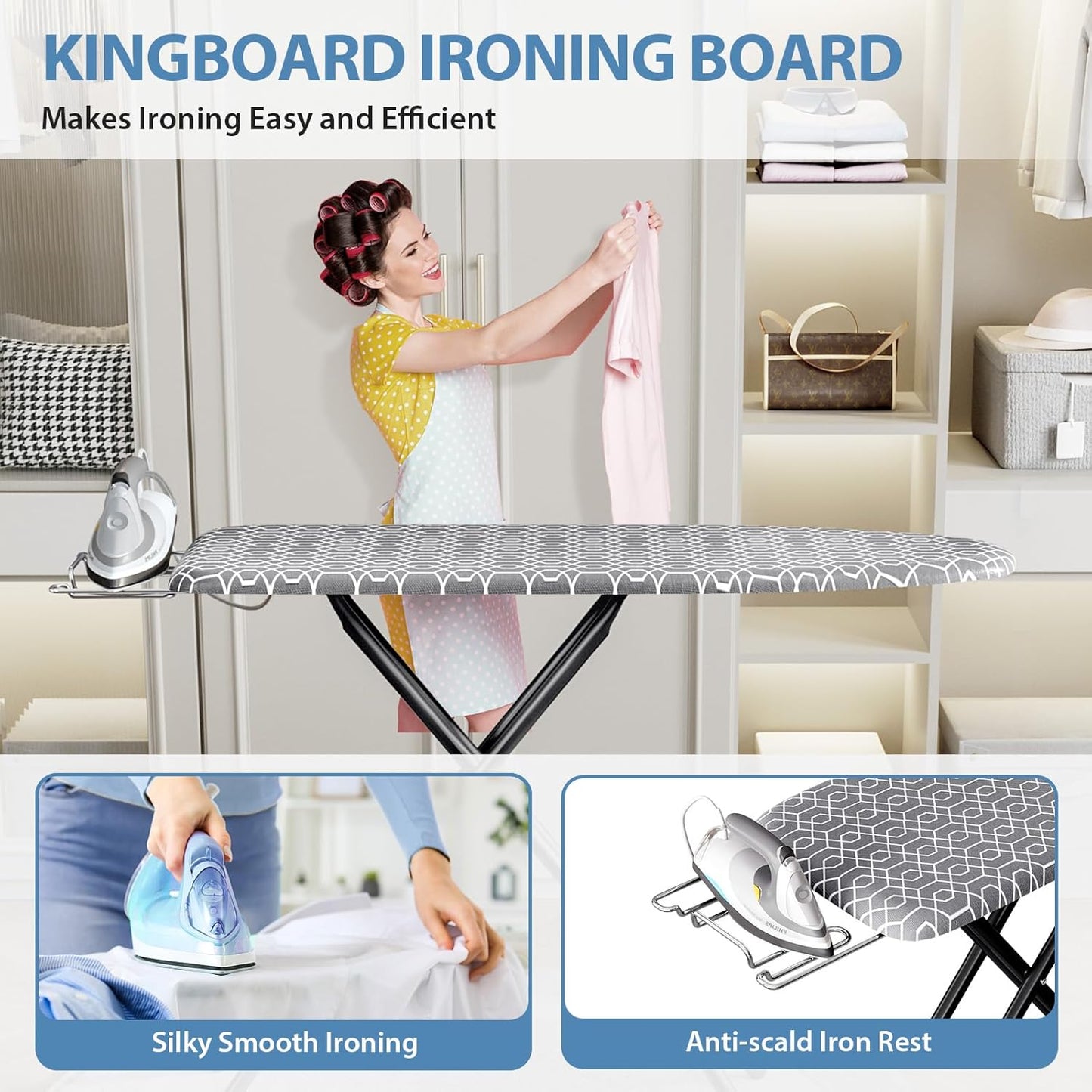 KINGBOARD Ironing Board, Foldable Iron Board with Iron Rest, Compact Ironing Board with Height Adjustable, Extra Thick Heat-Resistant Cover, Heavy-Duty Sturdy Metal Legs, 43x13 Grey