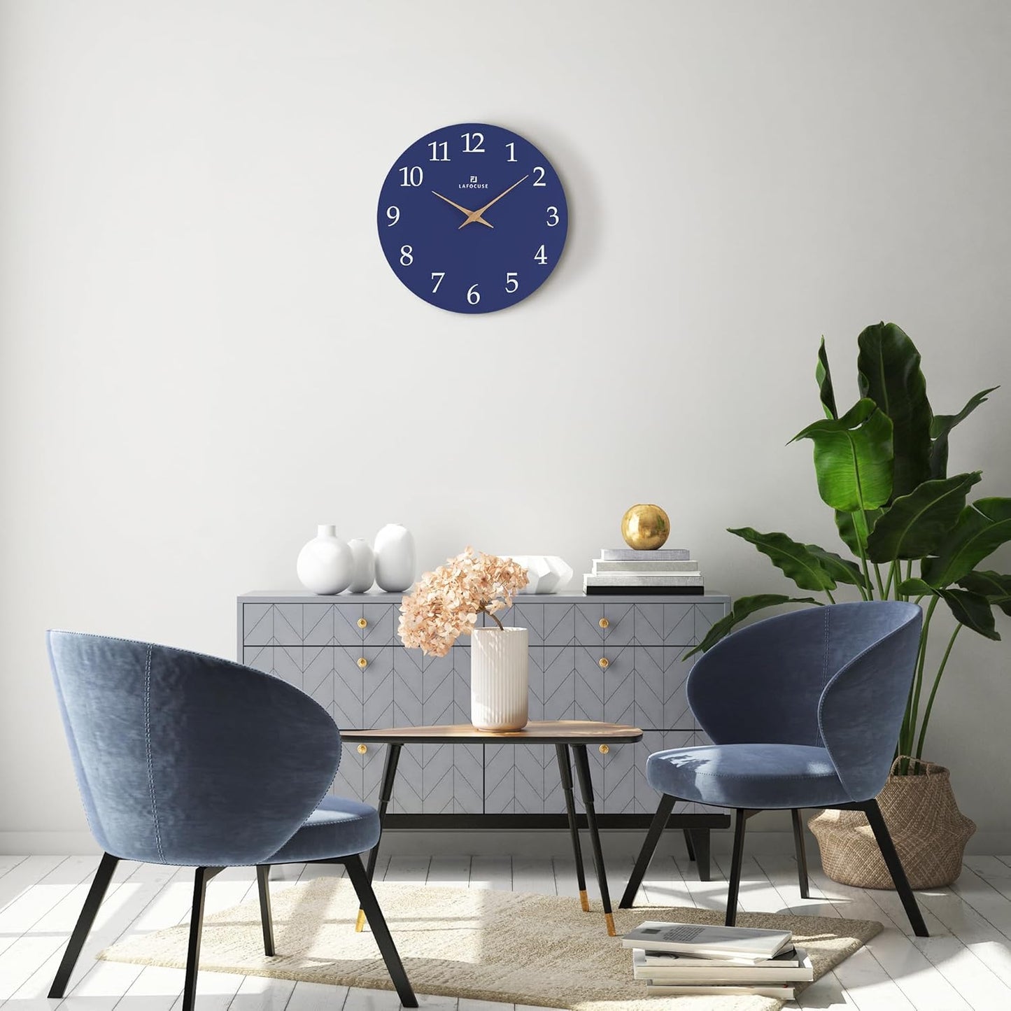 Lafocuse 12 Inch Silent Navy Blue Wall Clock Battery Operated, Wooden, Simple, Minimalist, Kitchen, Living Room, Bedroom, Office, Home Décor