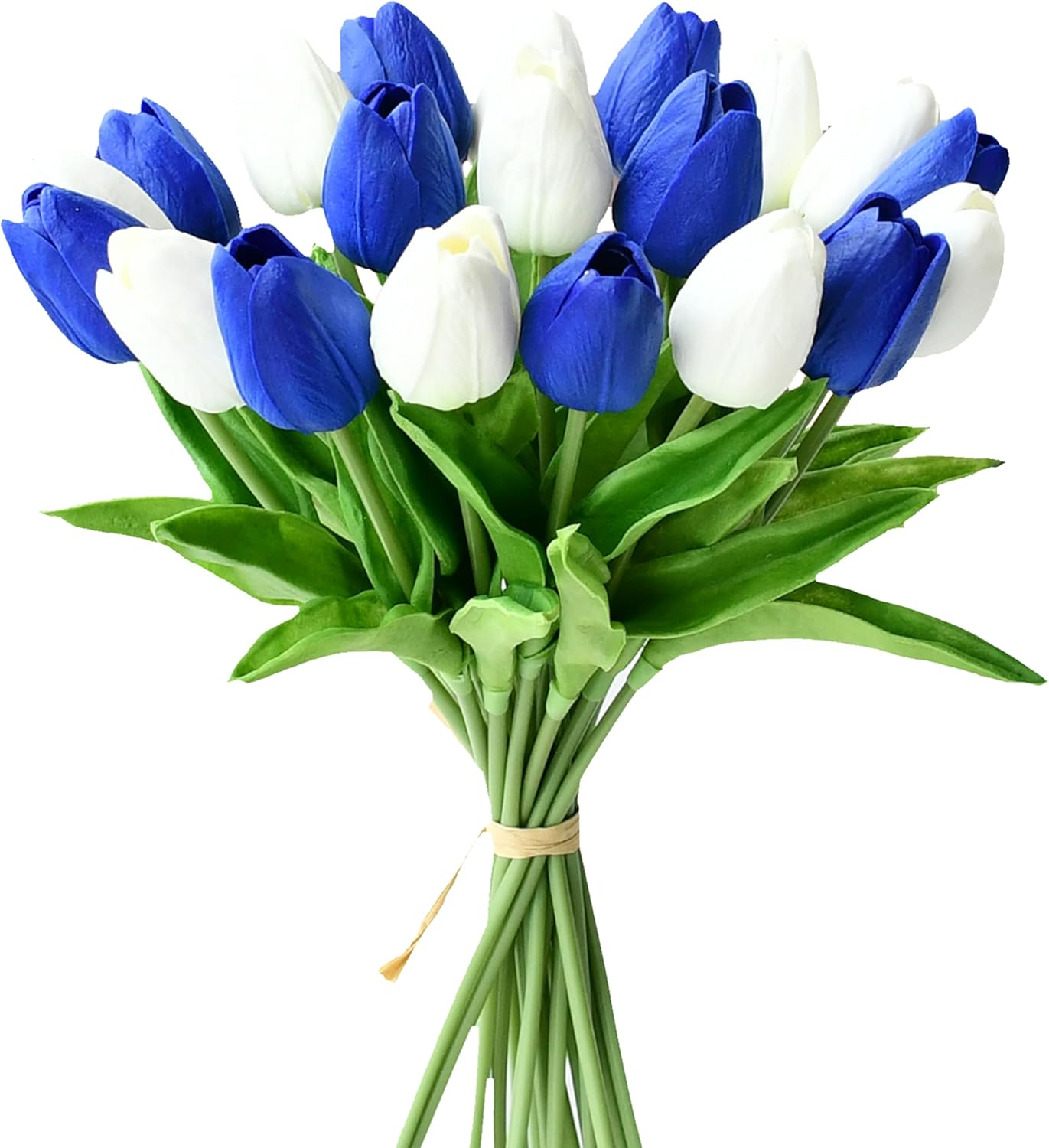 Mandy's Artificial Tulips 20 Stems Blue and White PU Faux Flowers for Wedding Home Decor 13.5 Inch