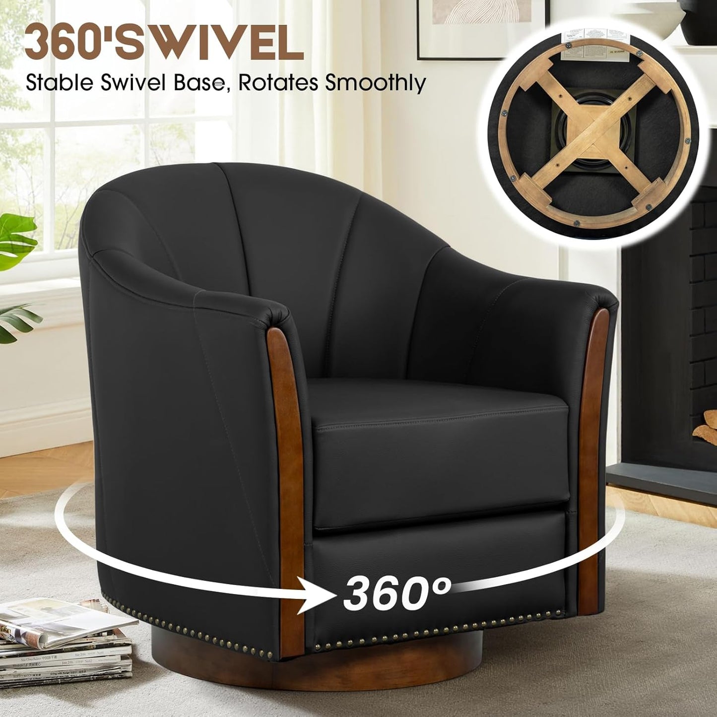 360° Swivel Accent Chair, Modern Leather Barrel Club Chair with PU Leather Upholstery and Sturdy Wood Base, Comfortable Armchair for Living Room, Bedroom, Reading Nook, Black