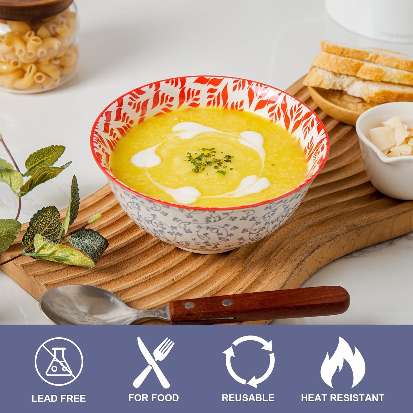 Ceramic Soup Bowls Set - 24 Oz Deep Cereal Bowl - 6 Inch Large Kitchen Dinner Bowl Eating Pasta Salad Dessert Noodle Rice Oatmeal - Microwave Dishwasher Safe - Set of 6 - Assorted Colors