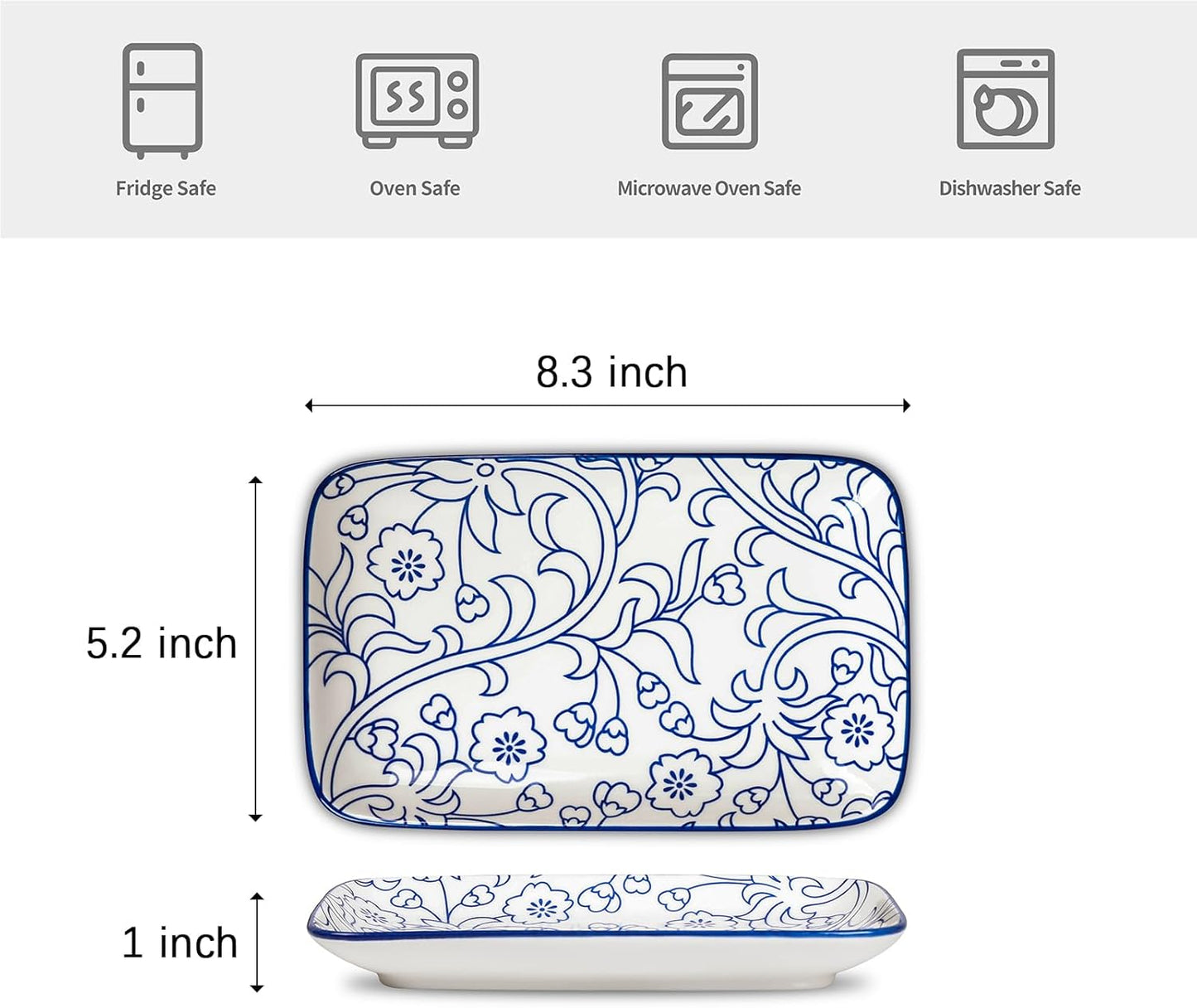 Selamica Ceramic Rectangular Salad Plates Set of 4, 8 Inch Small Serving Plates for Appetizers, Sushi, Fruit, Vintage Blue