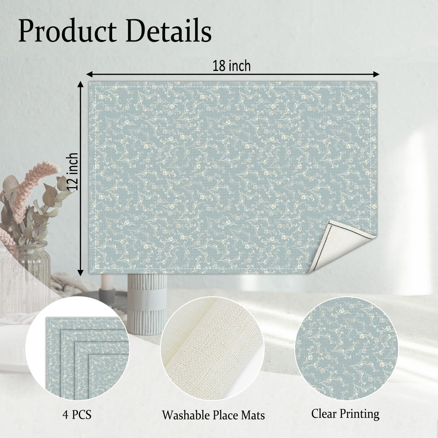 Blue Placemats Set of 4, Flower Table Mat for Home Kitchen, Restaurants, Outdoor Linen Washable Place Mats 12x18 inch Party Event Dining Decoration-13