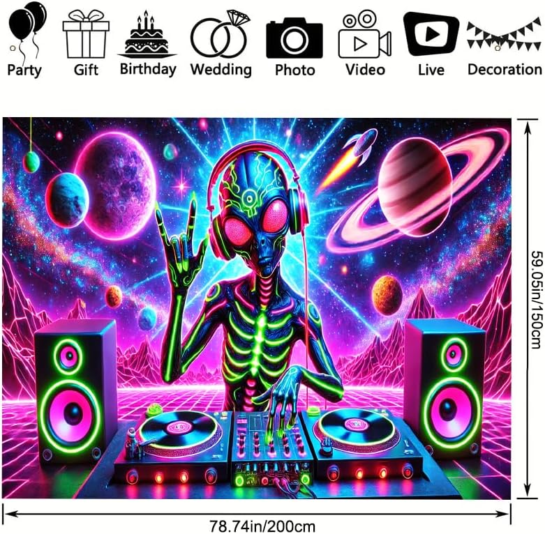BlissYard Aliens Tapestry 78x59 Inch Blacklight DJ Aliens Tapestry Alien Tapestry for Men Guys Bedroom UV Reactive Alien Wall Tapestry Hanging Art Tapestry Room Decor Aesthetics Party Poster Banner