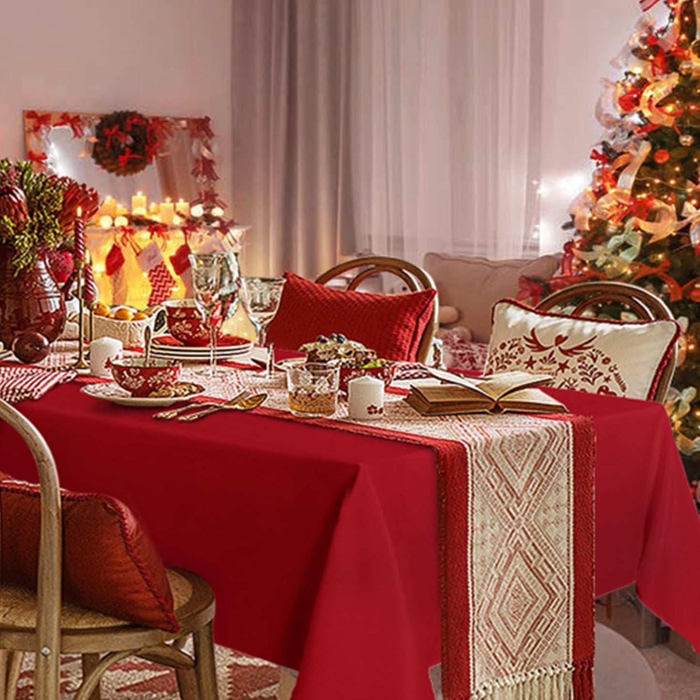 sancua Rectangle Tablecloth - 54 x 78 Inch - Stain and Wrinkle Resistant Washable Polyester Table Cloth, Decorative Fabric Table Cover for Dining Tables, Buffet Parties, Christmas Red