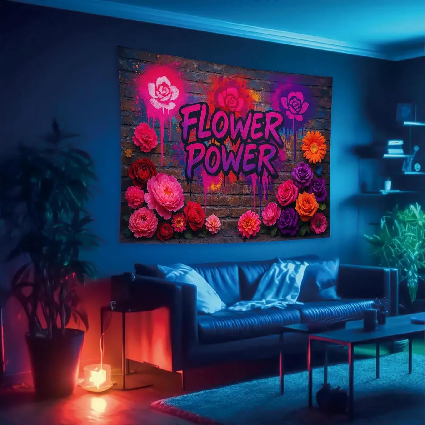 Starlit Patio Flower Power Blacklight Tapestry UV Reactive Wall Hanging Graffiti Brick Wall Roses Spray for Bedroom Dorm Living Room Glowing Retro Aesthetic Decor Fluorescent Trippy Poster 78 x 59 Inc