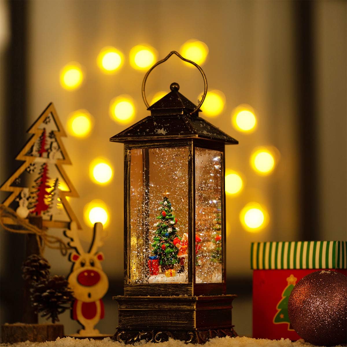 House & Garden Decoration,Christmas Lantern with 8 Pieces of Music,Sparkling Crystal Keep Circling Around The Snowman Families Music Box as a (Christmas Tree)