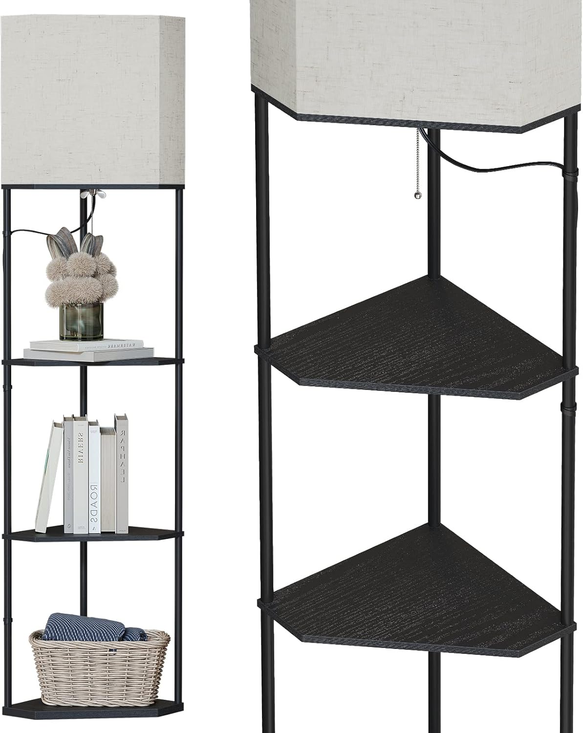 SUNMORY Sector Corner Shelf Lamp 3 Color Temperatures LED Bulb,Corner Lamps with Linen Lampshade, Floor Lamps for Living Room, Bedroom, Study, Black Standing Lamp with Shelves