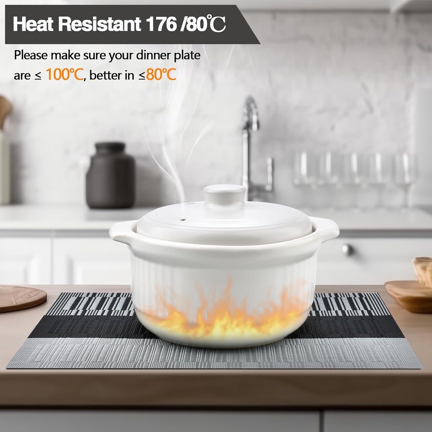 Placemats Set of 8 - Easy Clean Washable Vinyl Placemats - Heat Resistant Placemats for Kitchen Table - PVC Table Mats for Dining Table (Black and Gray, 8)