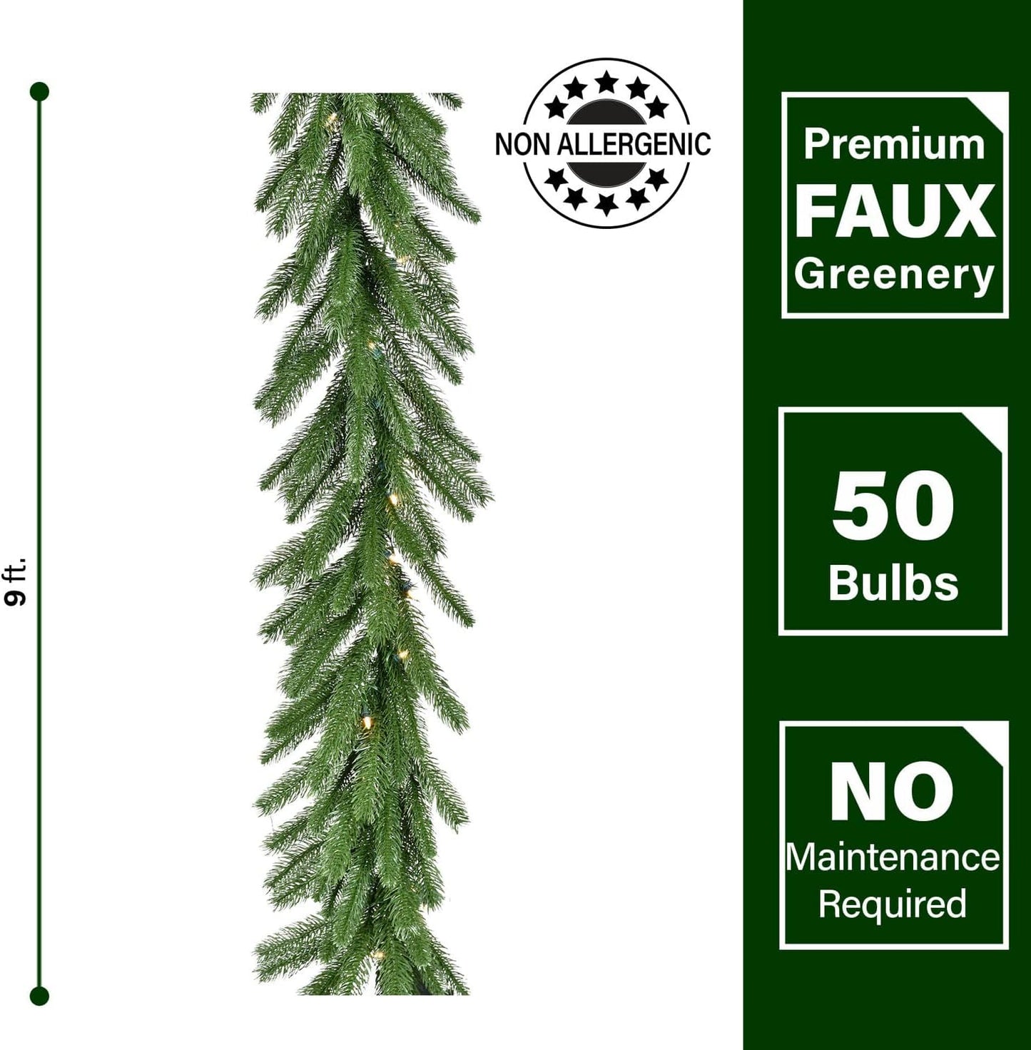 Fraser Hill Farm 9-Ft. Green Fir Garland with Warm White LED Lights | Battery Operated | Festive Christmas Holiday Decor for Fireplace Mantel, Stairway, Console Table | FFGF108GL-5GR