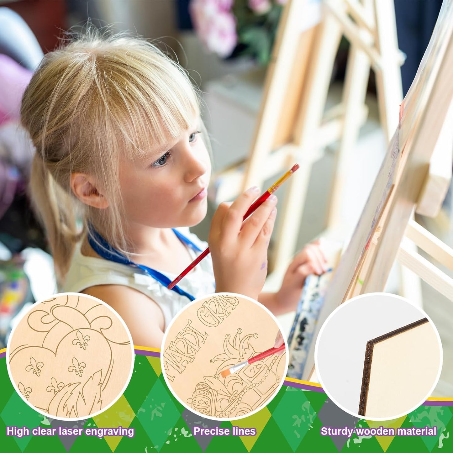 COCHIE 10 Pieces Large Mardi Gras Unfinished Wood Crafts to Paint for Adults and Kids, Bulk Predrilled Wooden Ornaments for Painting, Butterflies Paintable Wood Slices Craft Supplies with Ropes